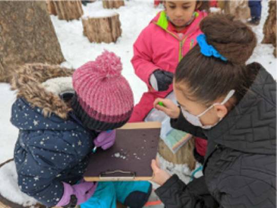 students learning about seeds in the snow